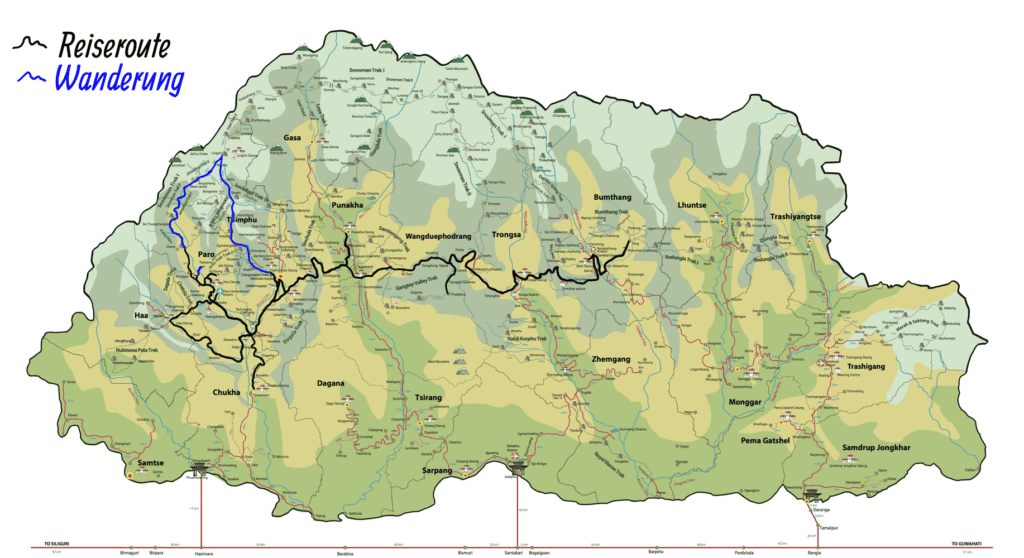 Bhutan Karte für Naturreise durch Bhutan (21 Tage)