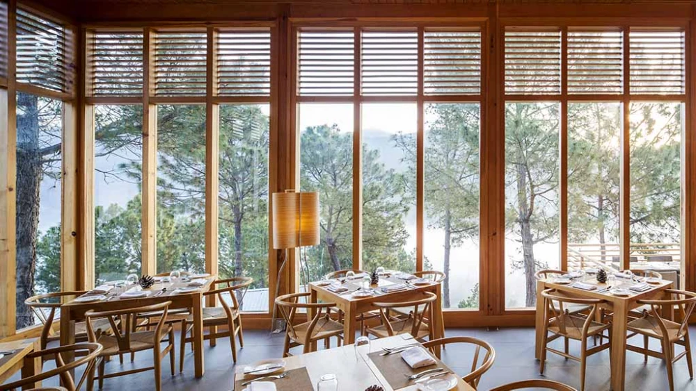 Eleganter Sitzbereich mit Sessel und Couchtisch vor raumhohen Fenstern mit Ausblick ins Grüne